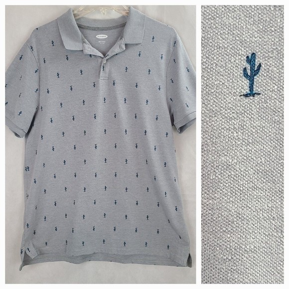 Old Navy Men's (L) Heather Gray with Blue Cactus Short Sleeve Polo Shirt - Picture 1 of 10
